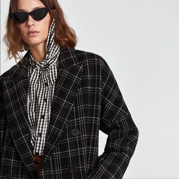 Zara Plaid Checked Double breasted Wool Long Coat Size XS - Picture 6 of 15